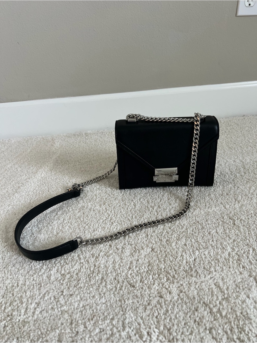 Michael Kors Black Leather Crossbody with Silver Chain